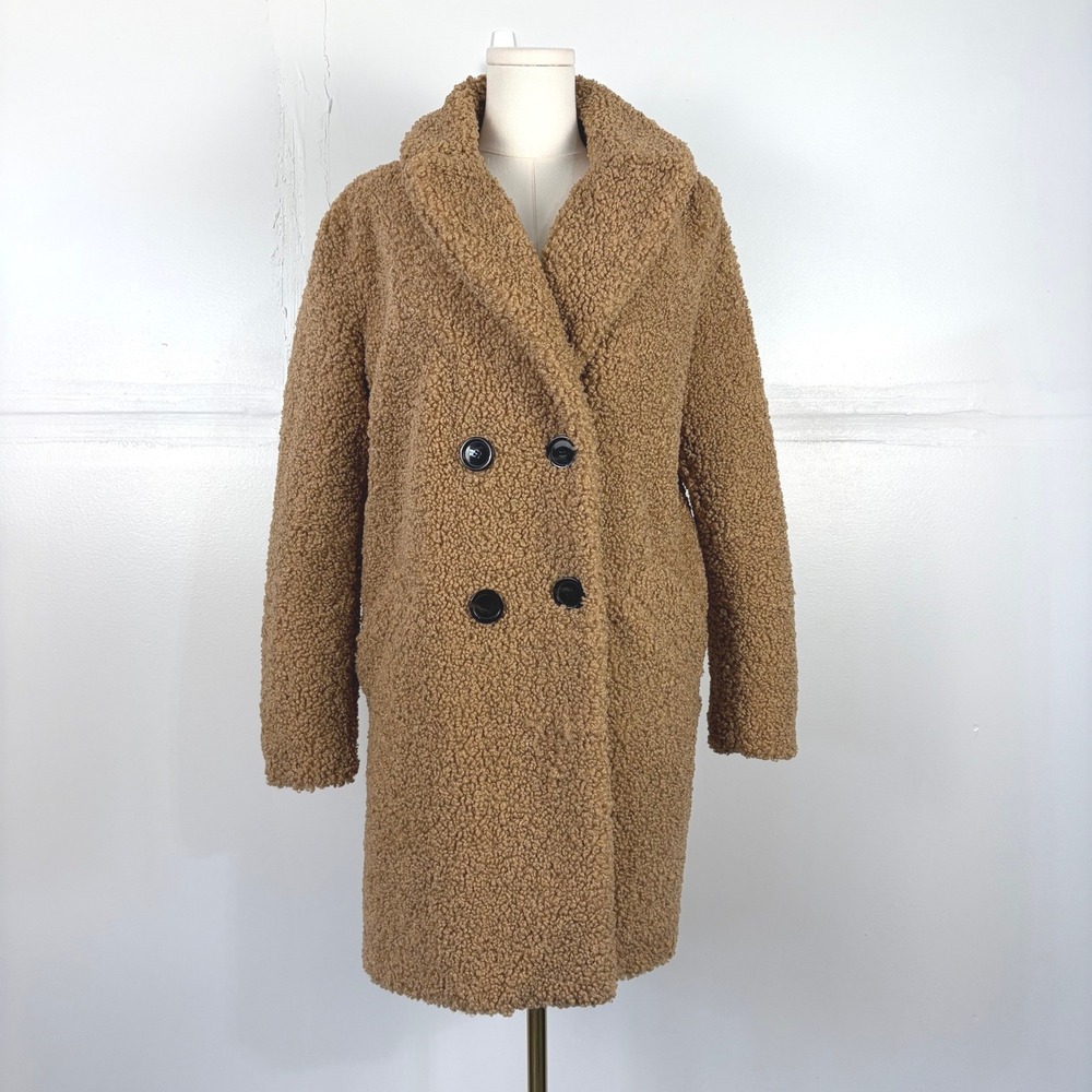 Zara Woman Teddy Coat Camel Brown Sherpa Double Breasted Jacket Medium